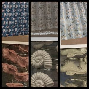 NWT Caribbean Joe SEA SHELL SEA HORSE SNAIL Shower Curtain & Resin Shell Hooks